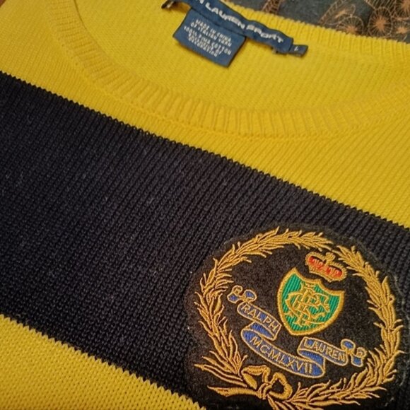 S/M💛Ralph Lauren Sport Men's Yellow&Navy Striped Crewneck Sweater - Picture 3 of 8